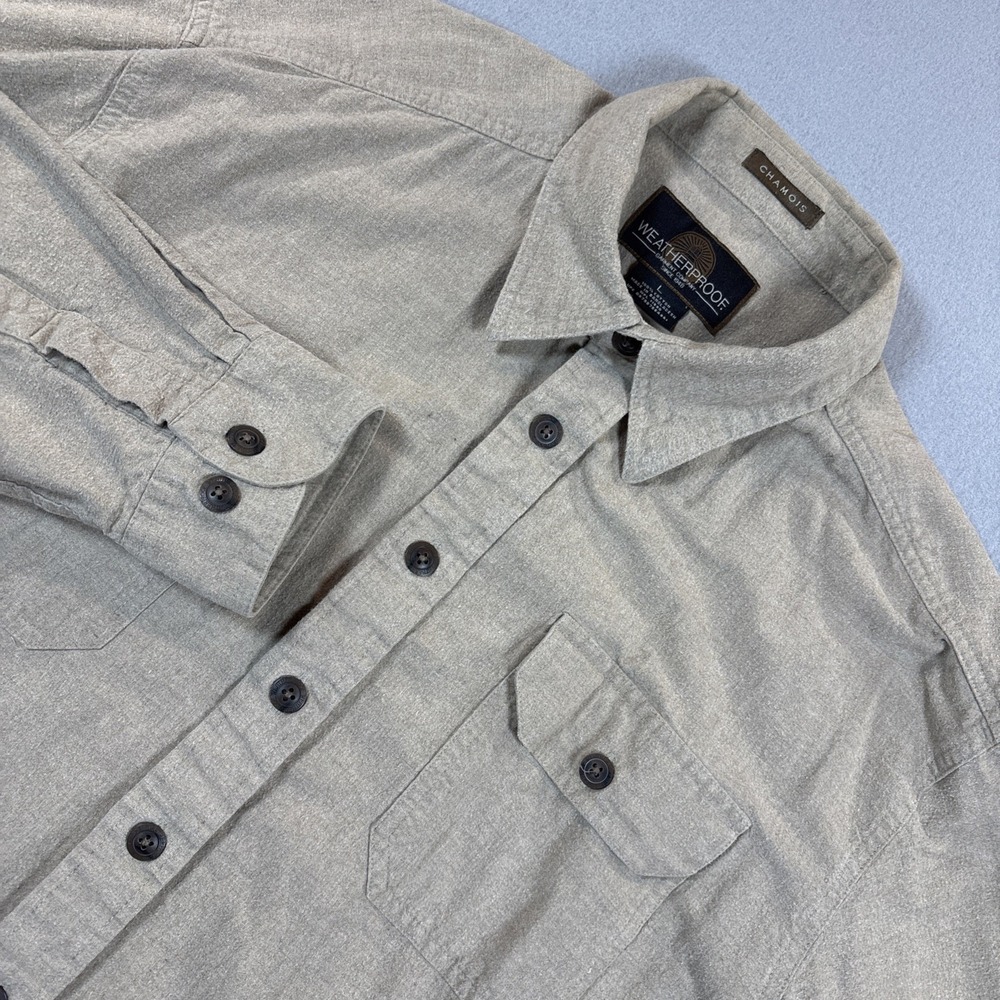Weatherproof Chamois Men's Button Up Shirt Sz Large Beige Heavy Cotton Outdoor